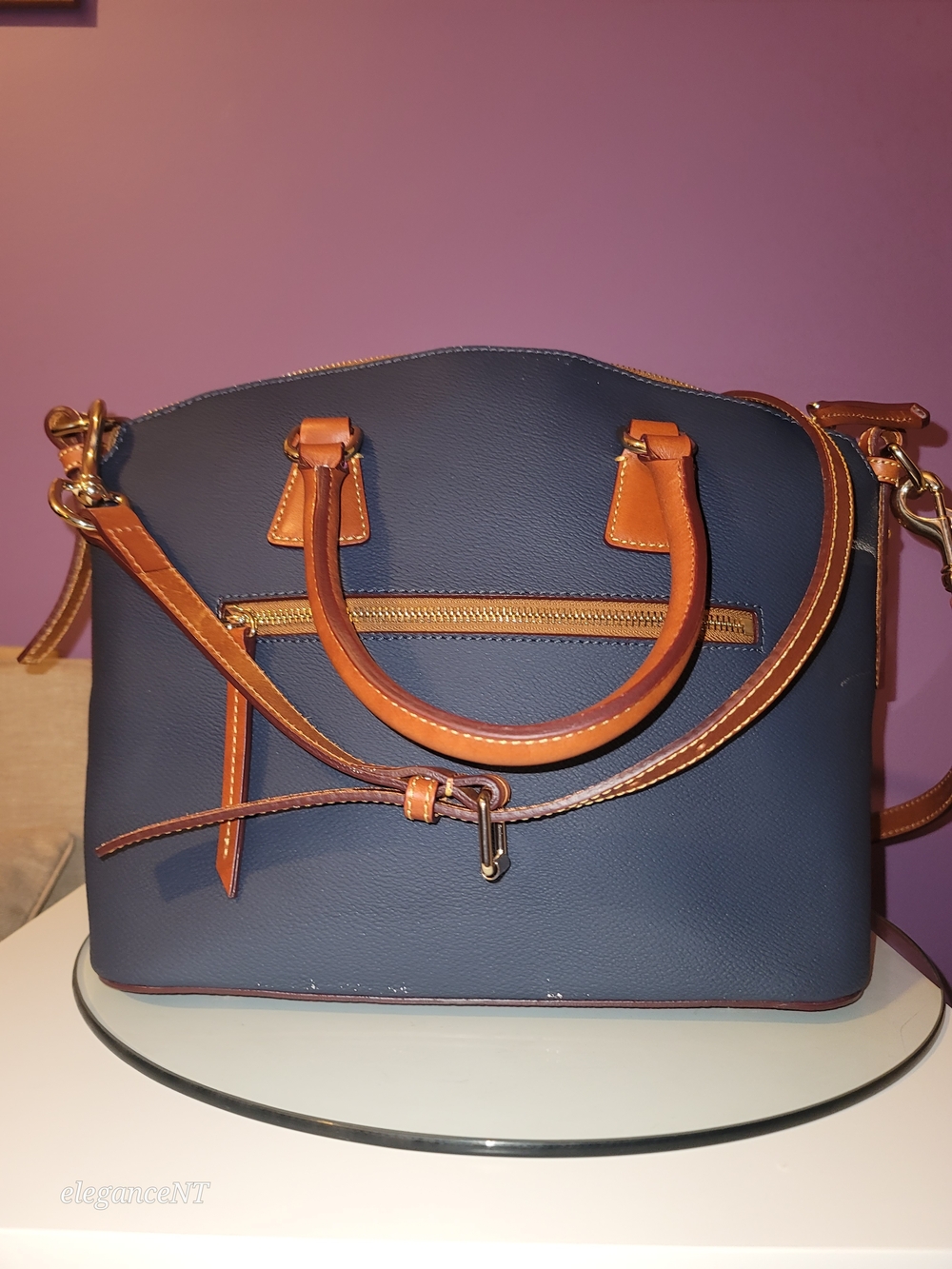 Dooney & Bourke Navy Kirby Domed Satchel Leather with Tan Trim - Picture 7 of 17